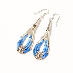 Vintage Southwest Sterling Liquid Silver Denim Lapis Blue Stone Dangle Earrings